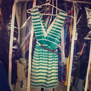 Double zero striped dress w/cream and brown belt
